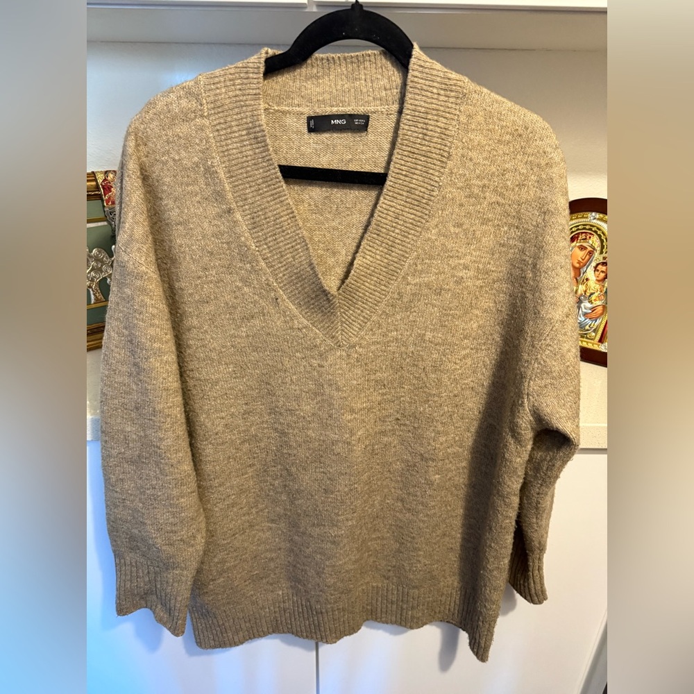 Mango Taupe Bronze V-Neck Sweater